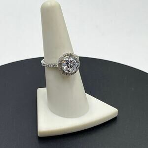 IBB 925‎ Silver Sparkling Cubic Zirconia Halo Solitaire Accent Ring Sz 7.5